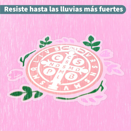 Sticker de San Benito resistente al agua en fondo rosa