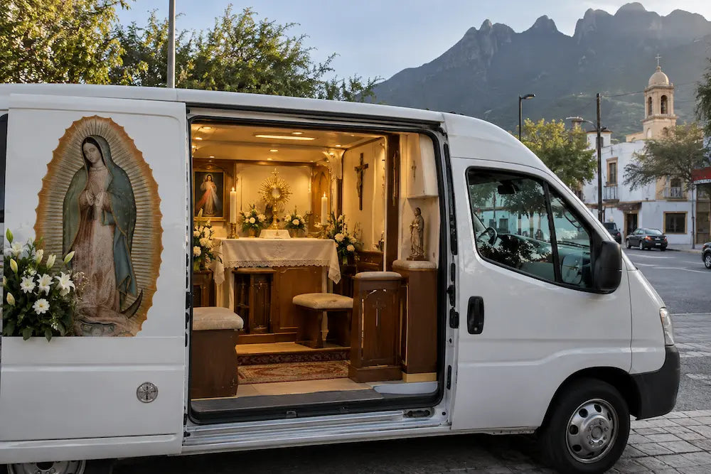 Capilla itinerante instalada en una camioneta con espacio para adoración eucarística