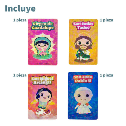 Incluye 4 estampas con oraciones catolicas infantiles de Virgen de Guadalupe San Judas Tadeo San Juan Pablo II y San Miguel Arcangel