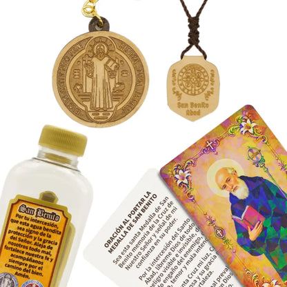 Articulos incluidos en kit de San Benito con medalla escapulario agua bendita y oraciones