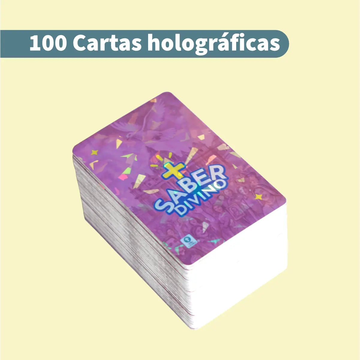 Baraja apilada de cartas holográficas del juego de preguntas religiosas “Saber Divino”.