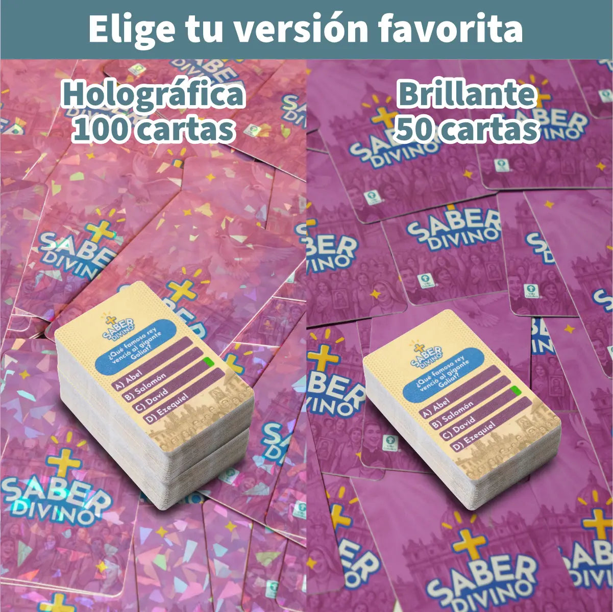 Comparativa visual entre las cartas holográficas y brillantes del juego católico “Saber Divino”.
