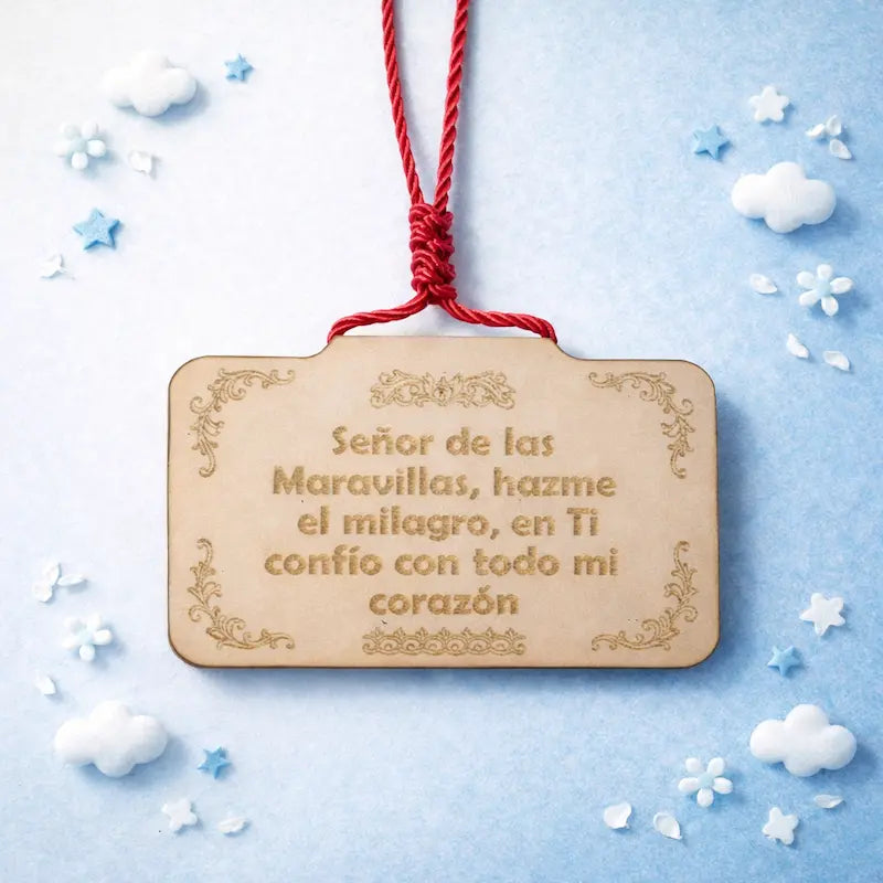 Reverso escapulario de vinipiel Señor de las Maravillas con oración grabada