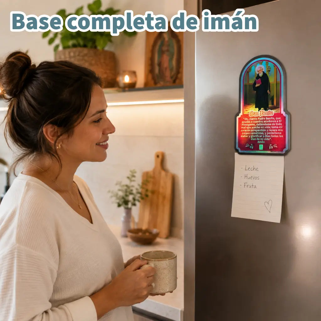 Iman de San Benito con oracion colocado en refrigerador como recordatorio de fe en el hogar