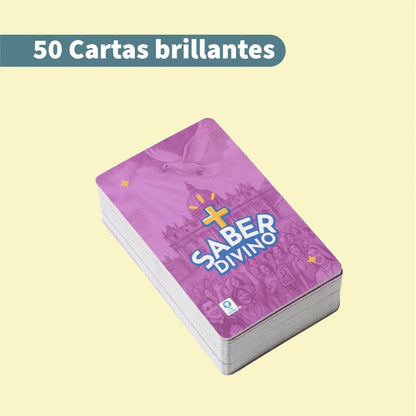 Baraja apilada de cartas brillantes del juego católico “Saber Divino”.