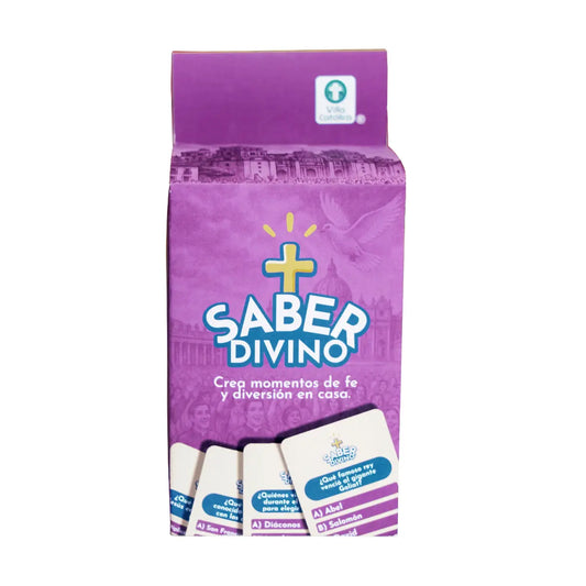 Caja del juego “Saber Divino” con cartas visibles. Juego católico familiar educativo y colorido. Marca Villa Católica