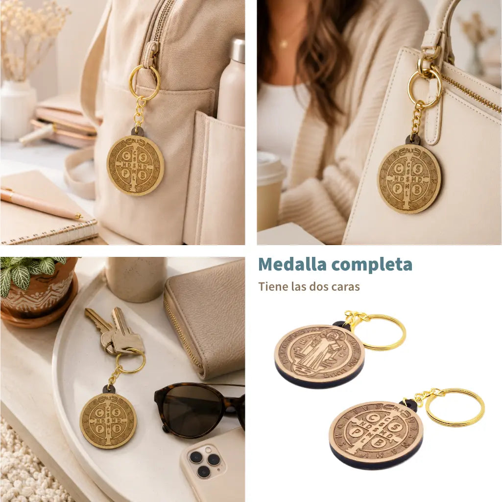 Llavero medalla de San Benito de MDF y vinipiel para bolsa llaves o mochila