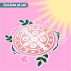 Sticker de San Benito resistente al sol en fondo rosa