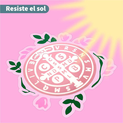 Sticker de San Benito resistente al sol en fondo rosa